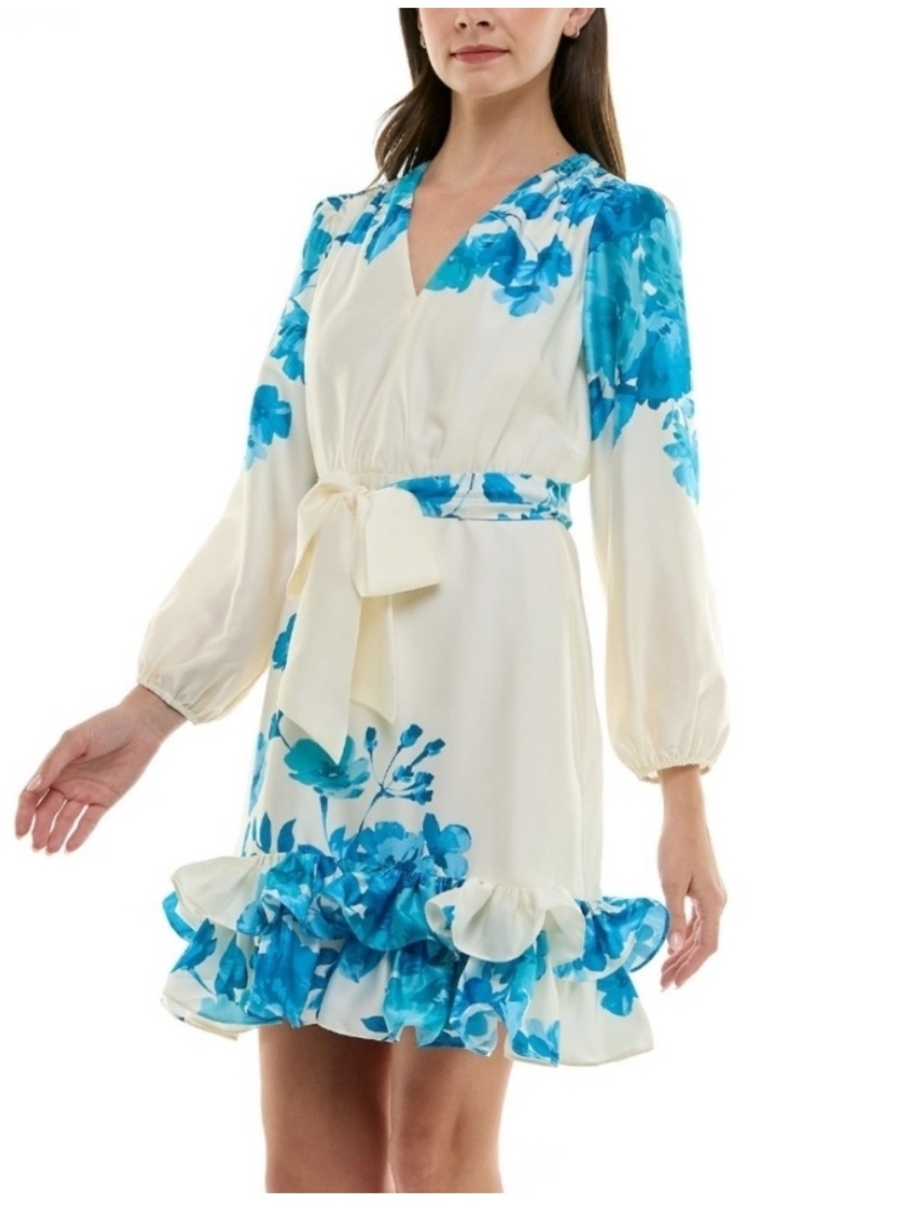 Taylor Long Sleeve Ruffle Hem Mini Dress, sz 14, cream w/Blue Floral, 20” PTP